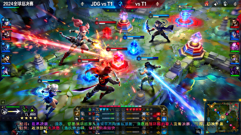 英雄联盟电竞比赛直播画面，游戏内团战激烈场景